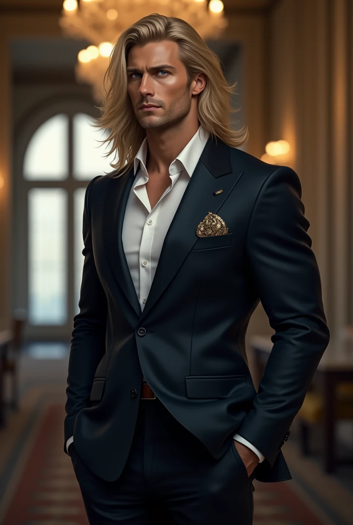 A tall man with blue eyes, blond hair, a muscular, fit man wearing an elegant formal outfit 