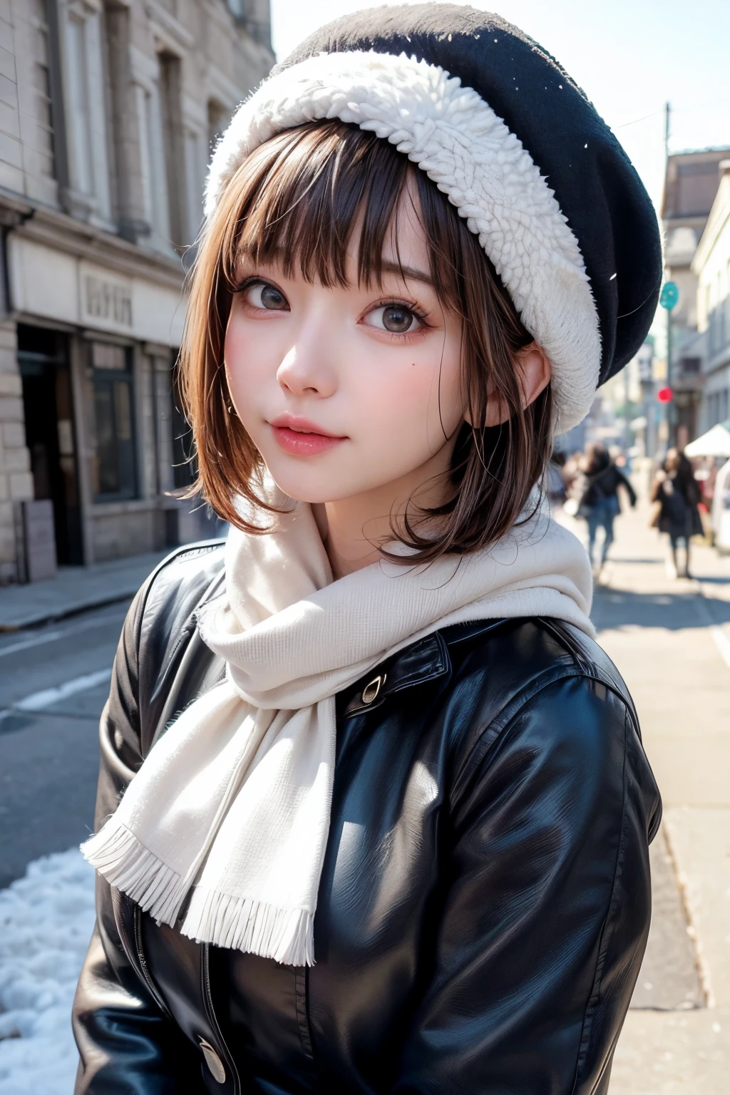 (masterpiece, Highest quality),One Girl, solo, Black-haired, scarf, hat, Realistic, Realistic, Looking at the audience, Light-coloured black eyes, Short brunette bob hair, Brown coat, Winter clothes, White headscarf, Lips, Bans, Plein Air, Mouth closed, Upper body、Big eyes、Eyelashes、((Beautiful landscape with sparkling snow))、(((Short bob hair with bangs、Shiny Hair、Big eyes、large full chest、Intensely accentuates the eyes、Staring at the audience、Beautiful beauty、Listen carefully、Long neck、Smile a little、Please close your mouth and laugh、Ideal body proportions)))、{huge|big|hugeな|Mega} chest:2, chestの谷間:2