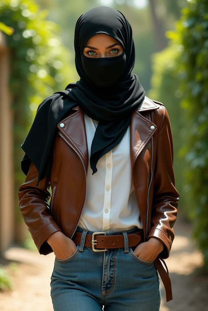 completely hidden face misterious white arabic woman wearing 2 eye holes black ski mask covering mouth and nose, without hair, head scarf, green eyes, brown biker leather jacket, white formal button down blouse, wide leg denim pants, walking on the street, cleaning forniture