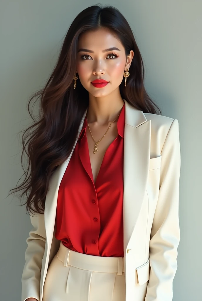 Woman , long straight hair in dark brown color, brown eyes and fair skin. Wear bright red lipstick, with the background of a light gray wall and she is wearing an off-white blazer and a closed red blouse and off-white dress pants. She is wearing a gold necklace and earrings.