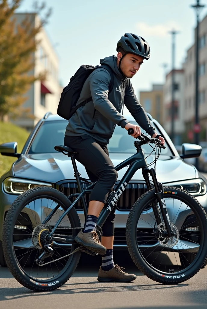 Create a picture of a mountain biker with a Trek mountain bike. The bike is black. Das Bike ist ein Fully. The mountain biker is 25 years old. The mountain biker wears a black helmet. 

The mountain biker stands in front of a new BMW 3 Series Touring. The BMW 3 Series Touring is grey. 