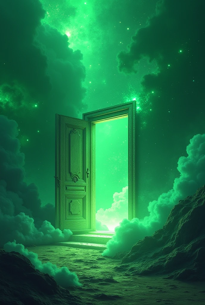 Create a green image of an open door in the green galaxy