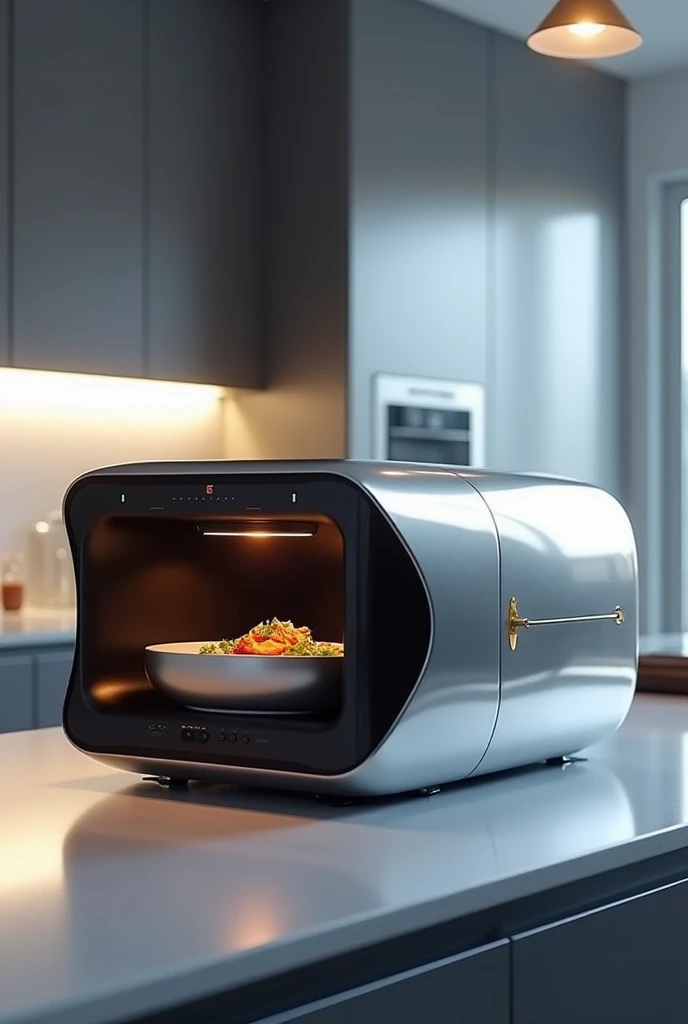 A futuristic microwave with a small capsule inside.