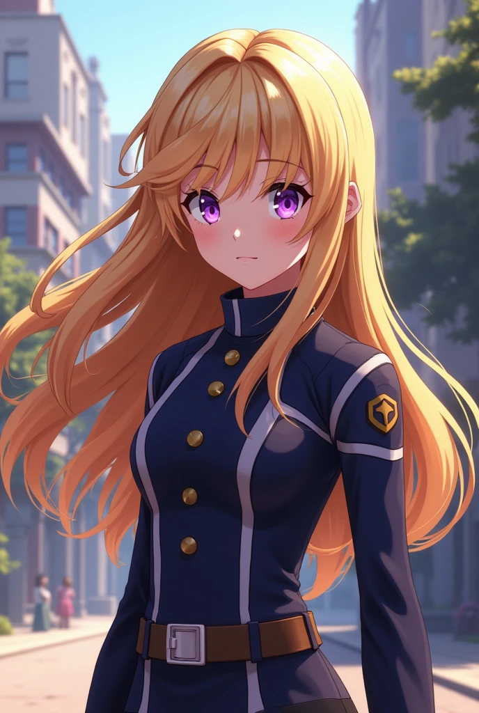 bnha screenshot, teenage woman, long blonde hair, purple eyes, AU uniform