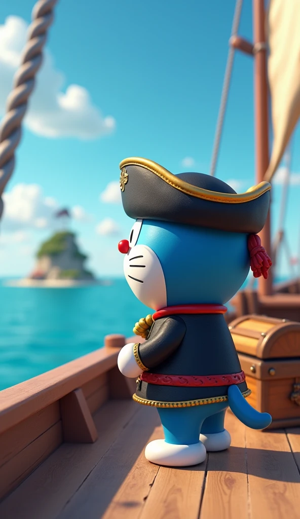 Doraemon in black hat pirate costume, black and red suit. Standing on boat with treasure chest looking at 3d island from a distance