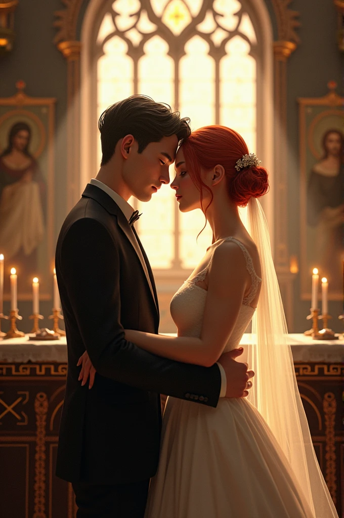 A man with dark hair, white skin and thin with a slightly fat redhead woman, both the same size and are at the altar getting married