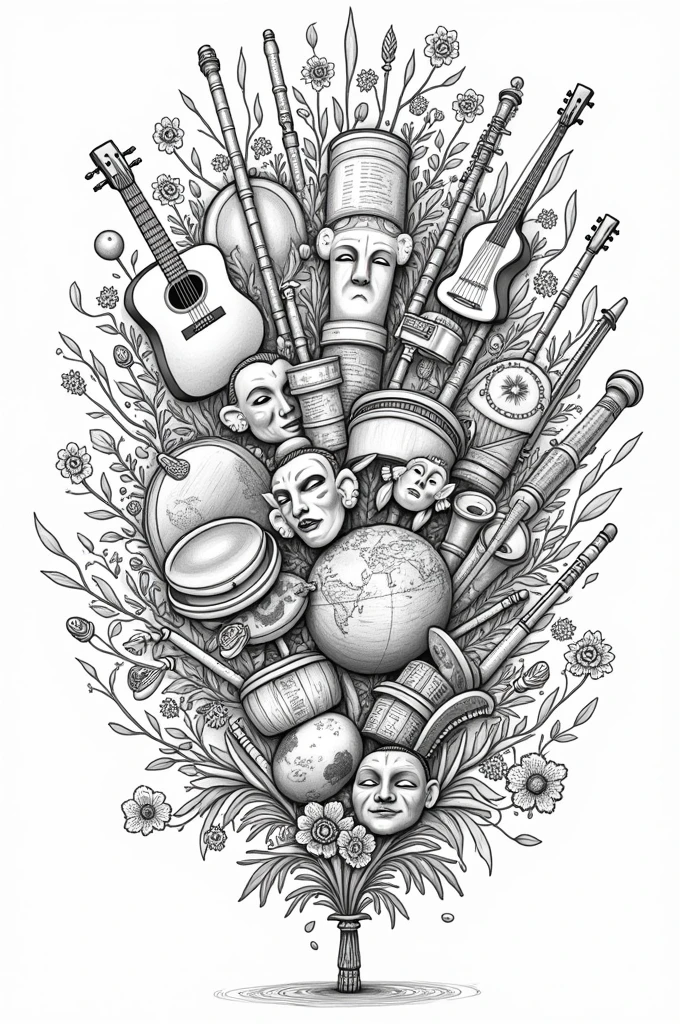 black and white linear drawing with various cultural elements, spread out, occupying the entire space. drums, tambourine, transverse flute, cuica, cavaquinho, guitar, theater mask, flowers, photographic machines, terrestrial globe, textbooks, saxophone, mike. 
