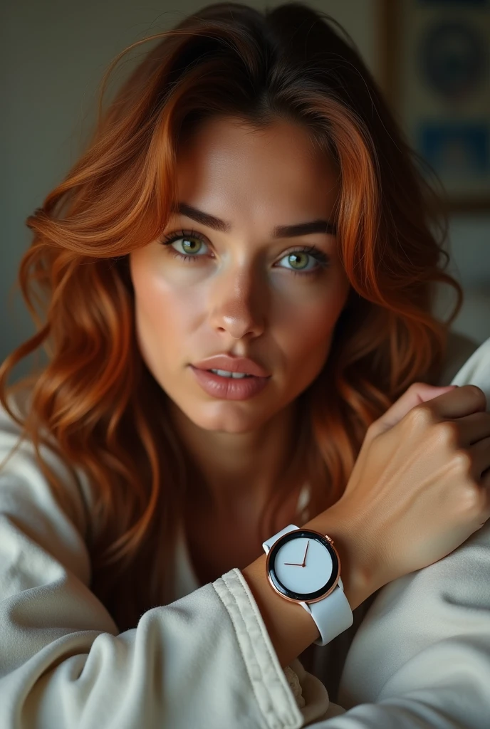 Ana, a 35-year-old Argentine woman with green eyes, 1.70 m tall, with red and brown hair, weighing 60 kg with a beautiful figure, early morning, wearing modern pajamas, bedroom with soft light, waking up startled by the alarm on her shiny white i28 Ultra smartwatch, quickly glancing at the watch and realizing she has only 30 minutes to get ready, jumping out of bed with sudden energy, close-up, hyper-realistic, photo realism, cinematography