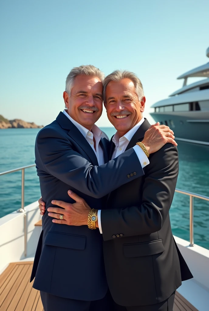 Kenny and Sullivan with a gold bracelet each hugging each other on a yacht 