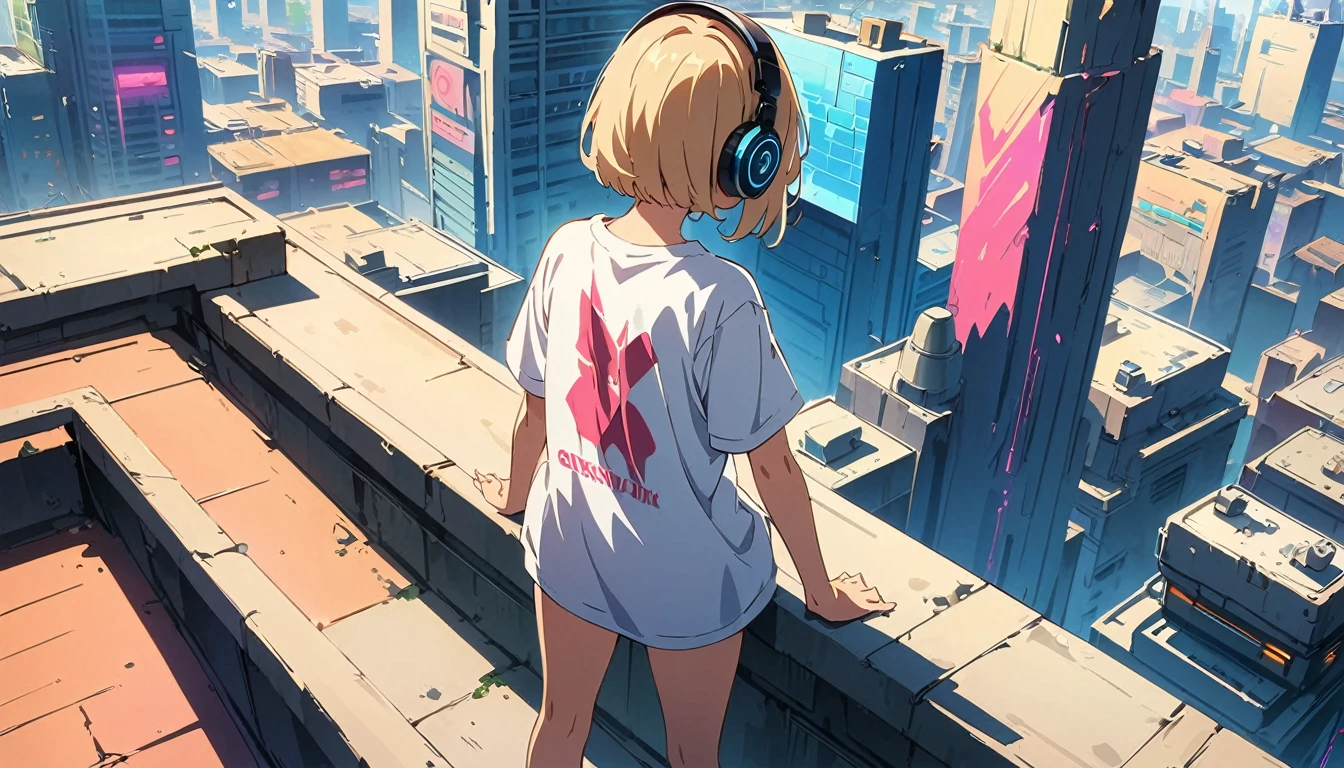 (masterpiece, Highest quality:1.2), (Anime artwork, Anime Style, Studio Anime, Very detailed, Latest, Vibrant, Anime Coloring, High Contrast, masterpiece:1.2, Highest quality, Best aesthetics), ((View from the roof of the building:1.2, A woman stands on the rooftop, overlook, A view so beautiful it makes your legs tremble)), Cyber City, ((Digital Cyberpunk - Anime Art)), Shortcuts, Eyes of determination,((Oversized T-shirt))Headphones