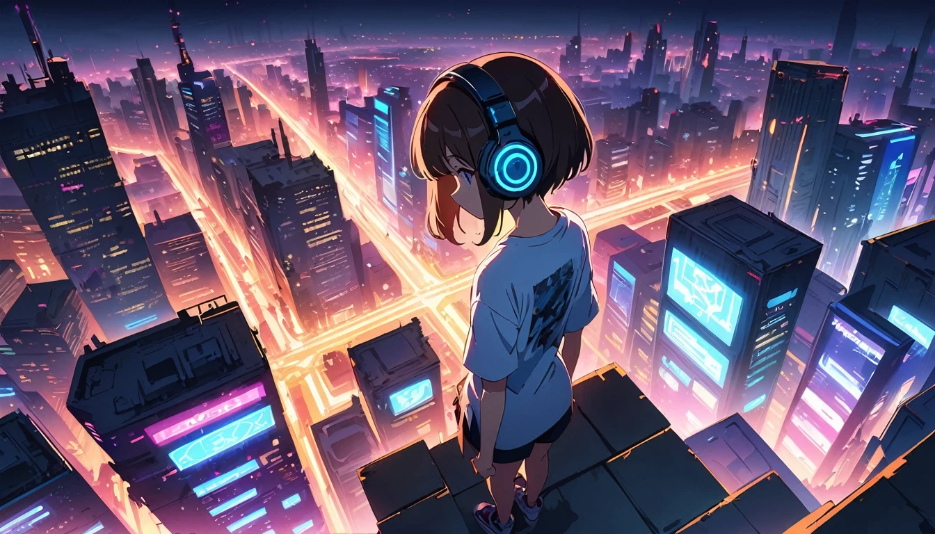 (masterpiece, Highest quality:1.2), (Anime artwork, Anime Style, Studio Anime, Very detailed, Latest, Vibrant, Anime Coloring, High Contrast, masterpiece:1.2, Highest quality, Best aesthetics), ((View from the roof of the building:1.2, A woman stands on the rooftop, overlook, A view so beautiful it makes your legs tremble)), Cyber City, ((Digital Cyberpunk - Anime Art)), Shortcuts, Eyes of determination,((Oversized T-shirt))Headphones