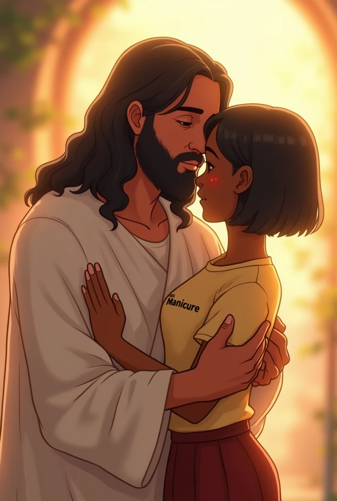 Animation of happy Jesus hugging and comforting a black woman with short straight black hair wearing a t-shirt with Erika manicure written on it