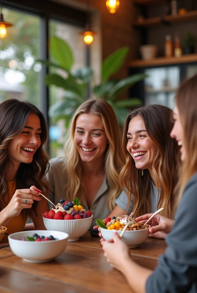 class friends and girlfriends Young realistic, At the acai shop ,chestnut hair,eating acai , ultra HD, high qualiy, best qualityer, high resolution, 8k, 16K