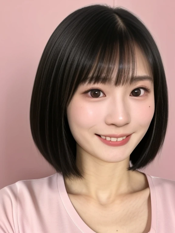 (kawaii 24 year-old Japanese girl, Nogizaka idol, Korean idol), healthy female athlete body, (glossy black hair, short hair, pixie cut, bangs:1.3), (rounded face, pure black eyes, single eyelid, no makeup, best smiling:1.2), (wearing light pink t-shirt:1.3), extra small breasts, BREAK, (plain white background:1.3), (looking at viewer, facing  straight 
at camera,  photo, bust shot:1.2), BREAK, (masterpiece, best quality, photo realistic, official art:1.4), (UHD, 8K quality wallpaper, high resolution, raw photo, golden ratio:1.3), (shiny skin), professional lighting, physically based rendering, award winning, (highly detailed skin, extremely detailed face and eyes, anatomically correct body), Carl Zeiss 85 mm F/1.4, depth of field, 1girl, solo,