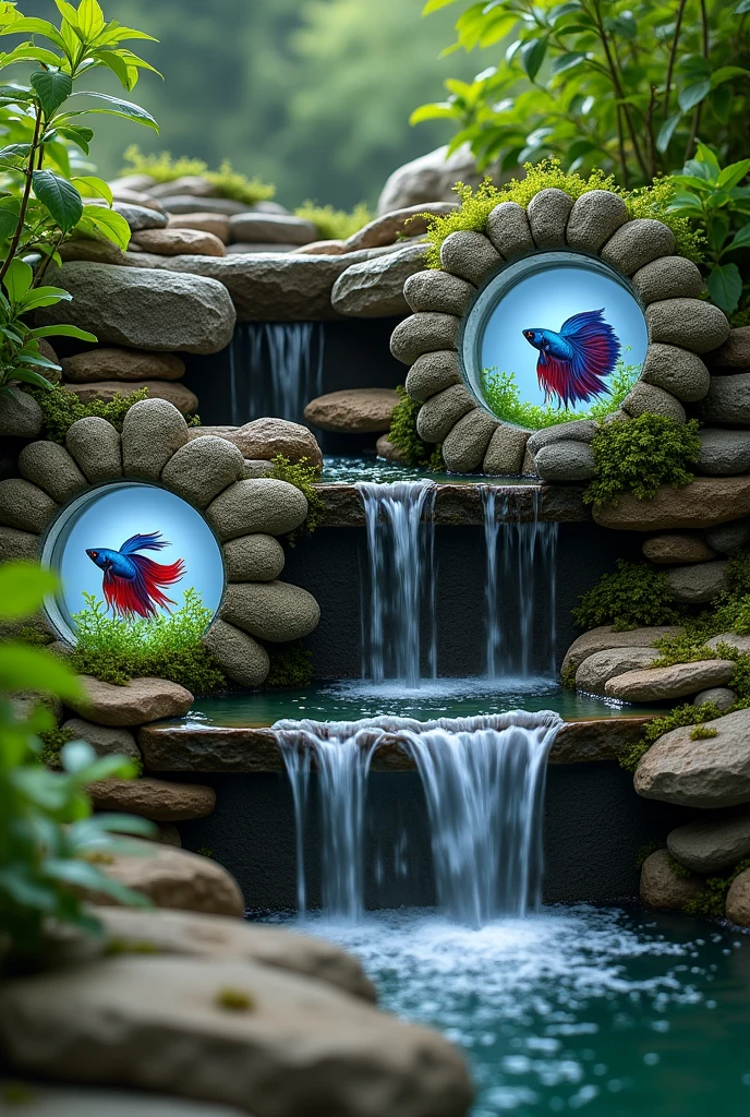 ornamental waterfall made with natural stones and with betta fish aquariums embedded in the stones