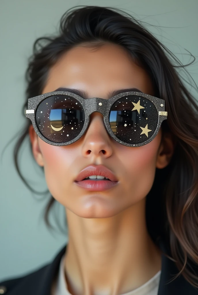 The model is wearing glass sunglasses with stars and the moon on the glass
