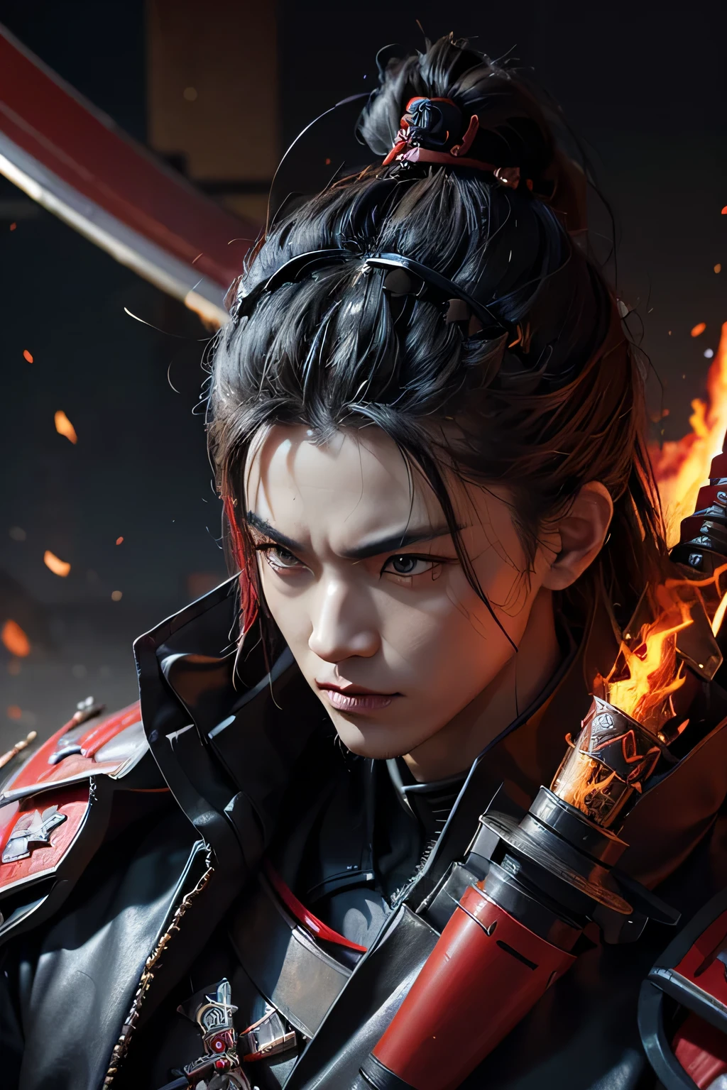 samurai with two swords and fire in the background, samurai warrior, epic samurai warrrior, cyberpunk samurai, demon samurai warrior, badass anime 8 k, cyborg samurai, samurai style, samurai portrait, japanese warrior, japanese samurai, demon samurai, 4k detailed digital art, 4k highly detailed digital art, ronin, urban samurai, very beautiful cyberpunk samurai