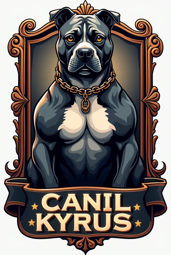 Create a logo with an image inside a frame of an American Bully with chains and the phrase CANIL KYRUS written on it 