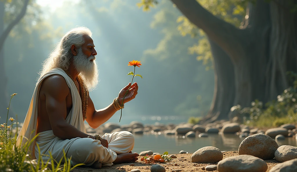Maharishi ved vyas pray with take a flower in his hand in front of 100 stones