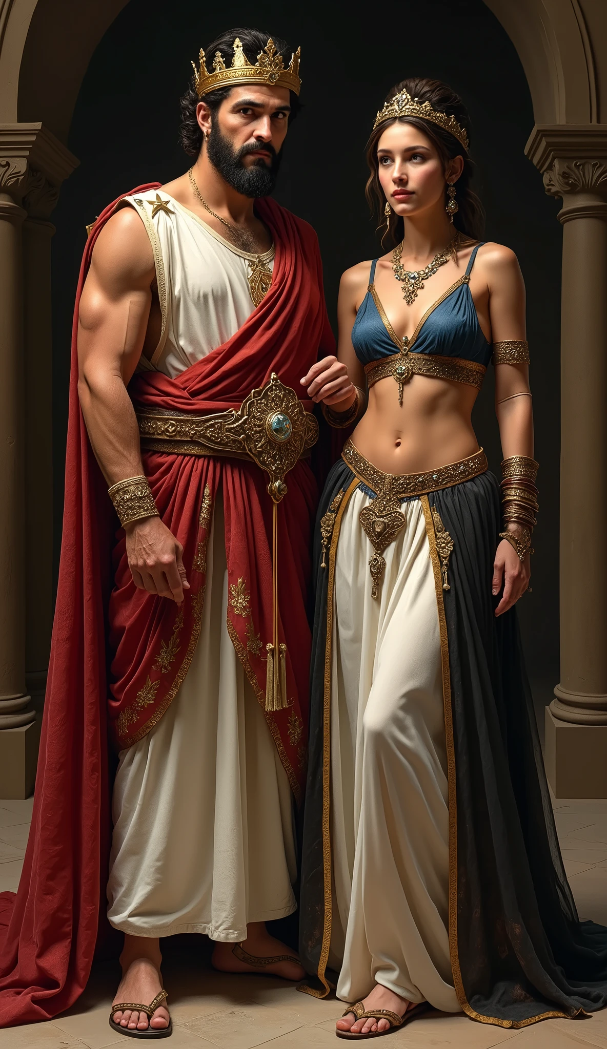 (1 man and 1 woman existence ), (1 man is Herod Antipas, 1 woman Herodian is wife), Front view, looking at viewer, 1 century, the king of the Jews, He is Arab and 50 years old, (Dark brown curly hair, Brown eyes ,He has a beard and curled moustache under his nose and on his chin, serious) ,middle body, (Gold crown), (Ionic nobles of the Roman Empire, Wearing a white tunic), (Red Toga, One-shoulder robe:1.3), ancient Sandals women is Jewish girl 30 years old, (dark brown hair chignon, serious, gold earring, gorgeous neckless with jewel, tiara with diamond, long black see-through back hood, ),(C cup breasts, slender whist, wide hip), (White silk see-through shot blouse, Blue Bra with jewel , brown leather belt with jewel, White long see-through skirt on silk brown patron), gorgeous sandal, ((Textured skin , HI Detail Skin, (Shorthand, Canon, 8k, Anatomically correct, Super Detail, Attention to detail, Your Highness))