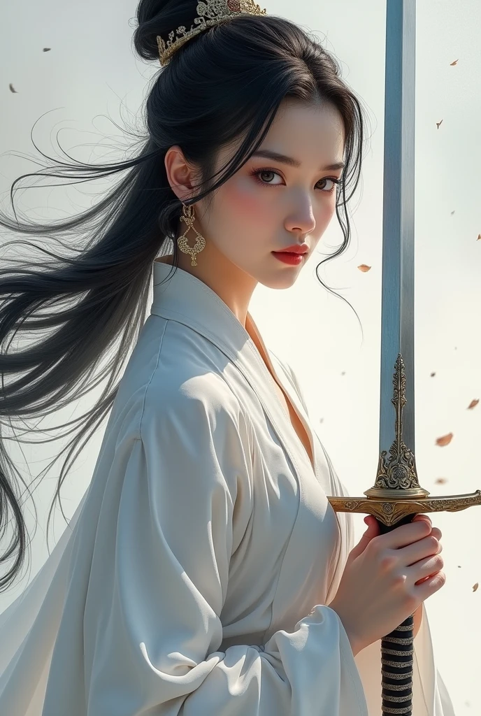 Wearing a white dress、Close-up of woman holding sword, Portrait of Yang Jian, Popular on CGsociety, Fantasy Art, Beautiful character painting, artwork in the style of Gu Weiss, Gu Weiss, White Hanfu, flowing white robe, Full body martial arts, Epic and beautiful character art, Stunning character art, beautiful female assassin