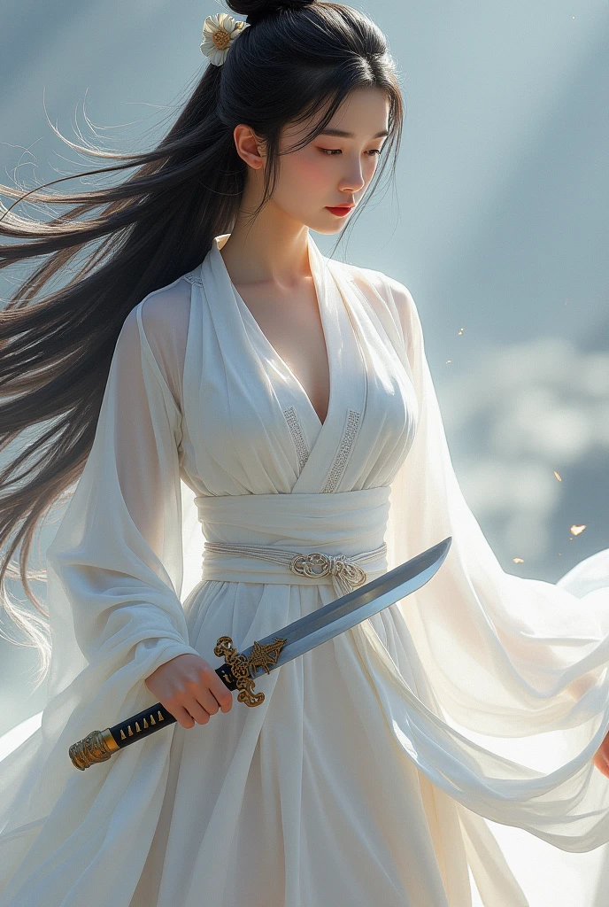 Wearing a white dress、Close-up of woman holding sword, Portrait of Yang Jian, Popular on CGsociety, Fantasy Art, Beautiful character painting, artwork in the style of Gu Weiss, Gu Weiss, White Hanfu, flowing white robe, Full body martial arts, Epic and beautiful character art, Stunning character art, beautiful female assassin