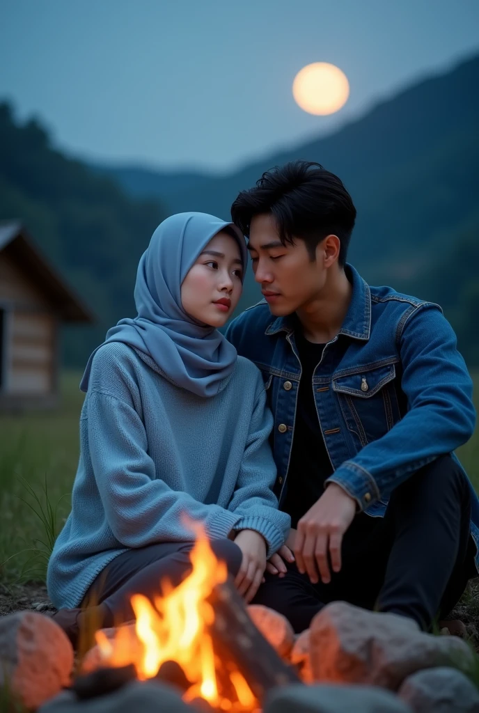 A beautiful white-skinned Korean woman, clean and smooth, wearing a hijab with a light blue knit hoodie, black jeans, boots, sitting with a handsome white-skinned man, wearing a dark blue jean jacket, black jeans, boots, in front of a campfire, under the moonlight , full moon, with mountain grass house background, real photo