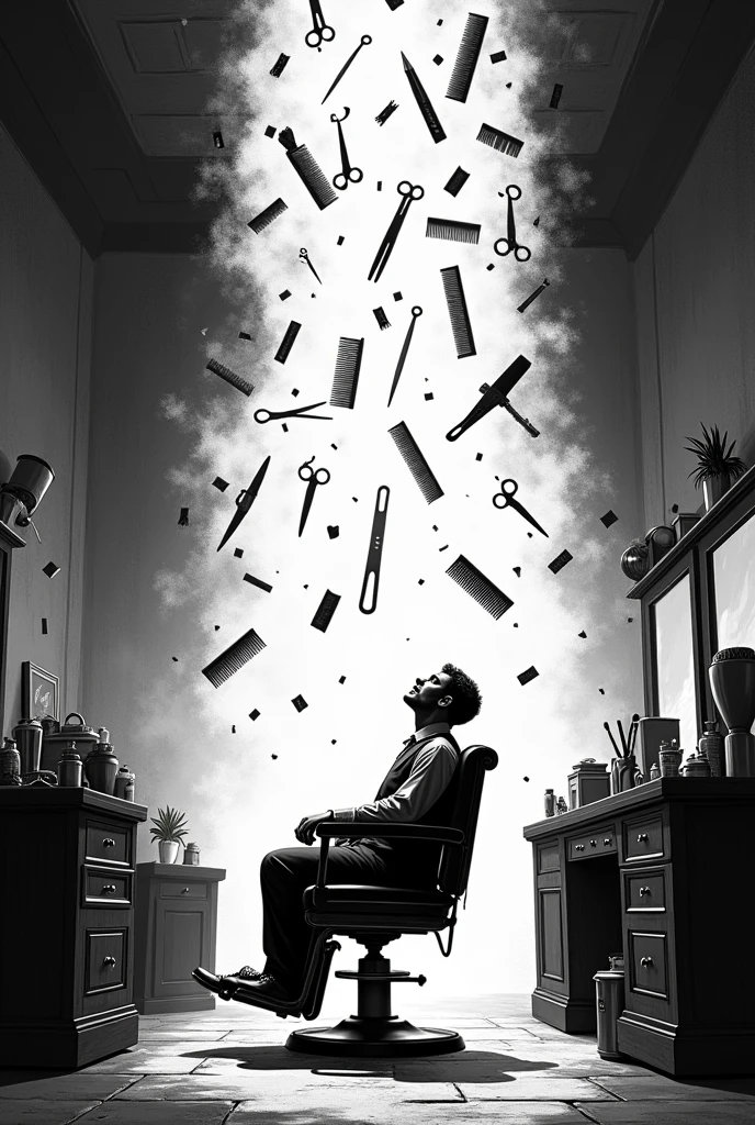 Barber&#39;s stuff falling from above in black  
