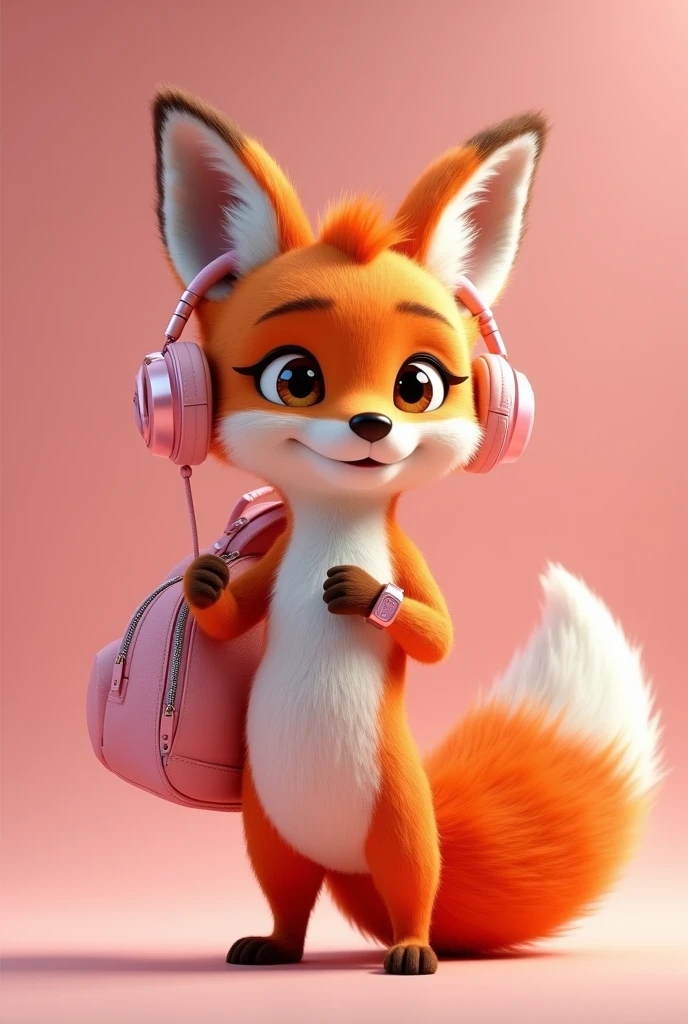 Create a 3D Disney Pixar style fox named Chic Fox. She must exude a modern personality, elegant and captivating, perfect for a section dedicated to accessories and fashion.

colors: Vibrant shades of orange and white, with pink details and accessories to maintain cohesion with the other mascots.

Accessories:

Headphone Type Earphone: A pair of modern headphones with pink ear pads and frames, resting casually on the fox&#39;s shoulders. Design may include metallic finishes or subtle patterns.
Modern Backpack: A stylish backpack in pink, with lighter pink or metallic details. May have elements such as shiny zippers, patches ou estampas fashion.
smartwatch: A modern smartwatch with a pink strap, visible on the fox&#39;s wrist, adding a touch of sophistication to the look.
vestimentas: A basic pink shirt, Woman&#39;s style, that complements the look in an elegant and modern way.

Expressions: Confident smile and bright brown eyes, with an expression that conveys style and sophistication.

Activities and Poses:

Headphones over the Shoulders: The fox has the headphones resting on its shoulders, perhaps adjusting or fiddling with the controls, conveying a sense of casualness and style.
Modelando a Mochila e smartwatch: Showing off the trendy backpack and smartwatch with the pink shirt, showing how accessories match.
Style Tips: Pointing to a board with tips on how to choose and use accessories, how to combine headphones, backpacks and smartwatches for a modern look.
Interactivity on the Website:

Hover animations: Animated movements like adjusting the headphones over the shoulders, show the smartwatch in operation, or interact with the backpack.
Fashion Messages: Friendly messages with tips on accessories, fashion trends and how to complement your look with style.