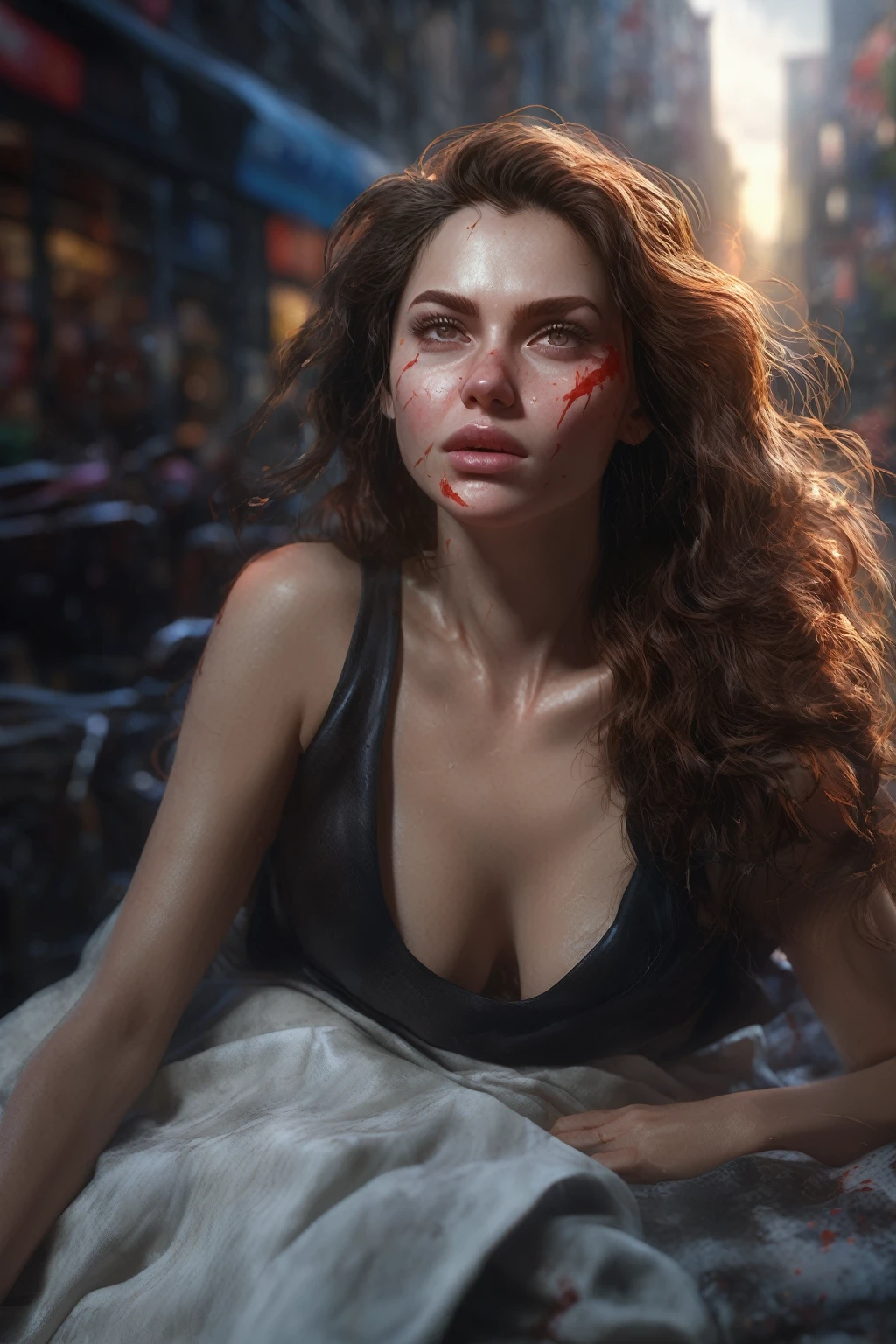 Woman reclined，mysterious，roar，blood，The city was destroyed，of a real，Facial features are carefully rendered，realistic skin texture，dark style，Depth of fields，High light，real light，ray tracing，OC rendering，hyper-realistic，Best Quality，8k，Works of masters，Super-fine，Old pubic detailed，anatomy correct，sharp focus on eyes，bokeh，Facial features are carefully rendered