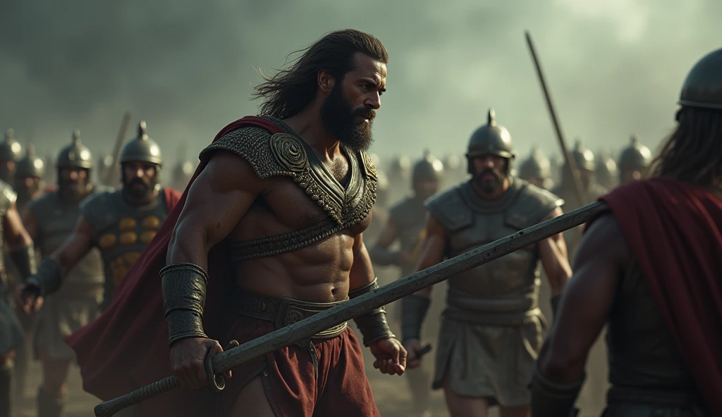 An intense battle scene, with Samson fighting a group of Philistines. Dark and somber colors predominate, highlighting the conflict. Samson's face expresses determination and courage, while the Philistines look surprised.