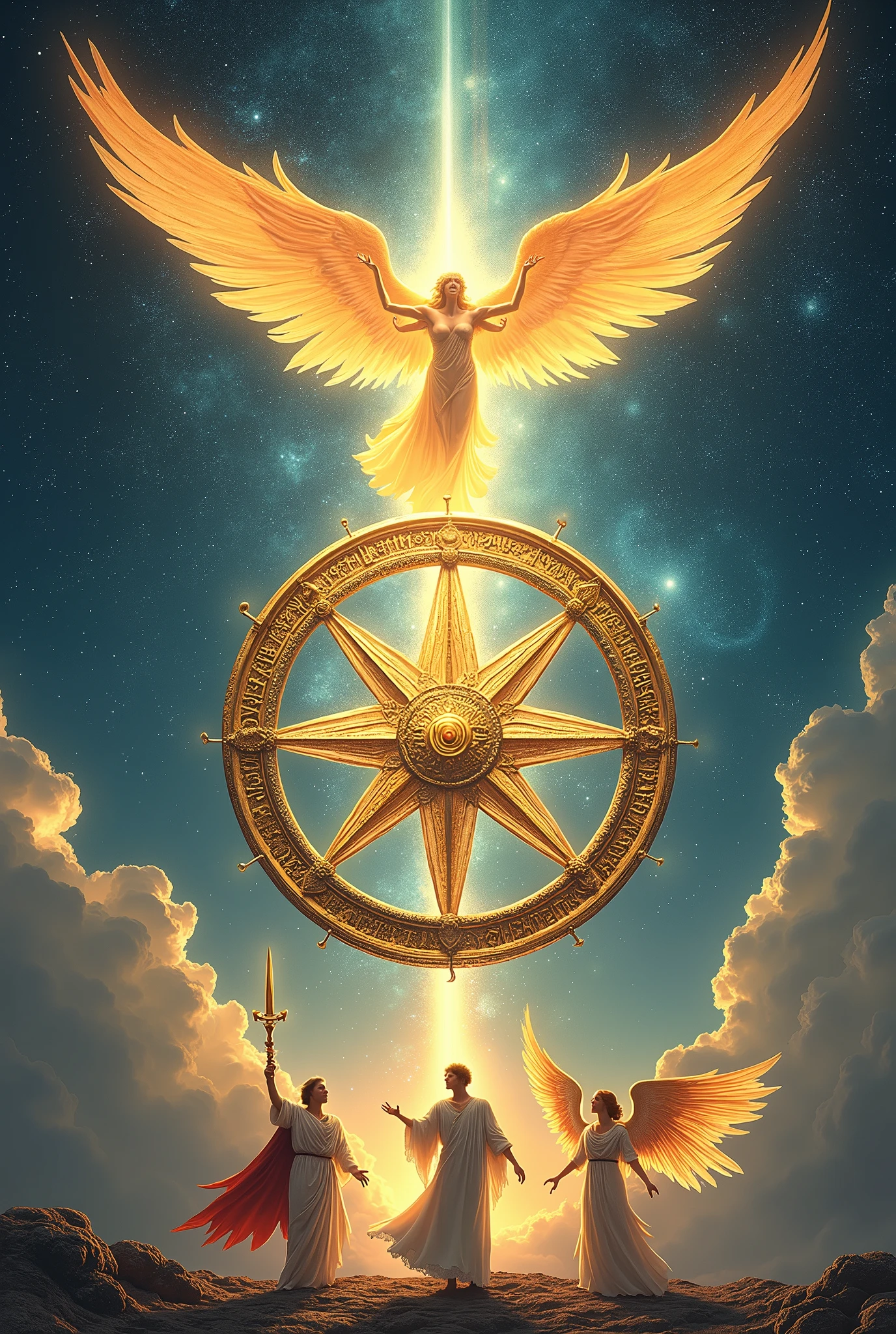 Create an awe-inspiring image for "The Destiny" card, inspired by the "Wheel of Fortune" from the traditional Rider-Waite Tarot. At the center of the composition, a grand, radiant wheel hovers in the sky, surrounded by a vibrant aura of golden and azure light. The wheel is intricately designed with celestial symbols, ancient runes, and astrological signs, signifying the cycles of life, fate, and divine order. The outer rim of the wheel is adorned with angelic wings that gently move, symbolizing the guidance of divine forces in the flow of destiny.
Above the wheel, an imposing Seraphim, one of the highest-ranking angels, hovers with six blazing wings encircling its body, exuding a sense of authority and cosmic power. The Seraphim's face is radiant and covered by a veil of light, representing the mystery of the divine plan. It holds an orb of pure light in one hand, symbolizing control over the wheel and the course of destiny.
To the right of the wheel, the Archangel Michael, the protector and warrior of heaven, stands tall, holding a gleaming sword and a pair of scales, representing justice and balance in the unfolding of destiny. His presence conveys strength and the triumph of good over evil.
To the left of the wheel, the Archangel Raphael, the healer, is depicted with a gentle, nurturing expression. He holds a golden staff entwined with a serpent, symbolizing healing, transformation, and the guidance of souls through life's challenges.
At the bottom of the wheel, angelic beings representing the four elements—earth, air, fire, and water—are positioned at the cardinal points. Each one is intricately detailed, with corresponding attributes: a grounded angel with vines and flowers, an ethereal angel with flowing air currents, a fiery angel with blazing wings, and a serene angel with a cascade of water flowing around them.
The background is a vast expanse of the cosmos, filled with distant stars, swirling nebulae, and galaxies, emphasizing the vast, interconnected