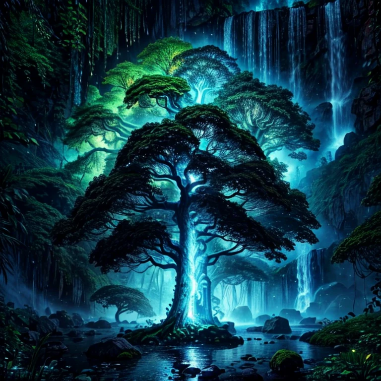 a tree in the middle of a waterfall surrounded by trees, tree of life, cosmic tree of life, the world tree, the tree of life, tree of life seed of doubt, world tree, yggdrasil, fantasy tree, magical tree, mystical setting, tree, beeple art, realism | beeple, tree of life inside the ball, (focus tree in the middle and waterfall), (Strange), (unique), lighting(shining), enchanted 