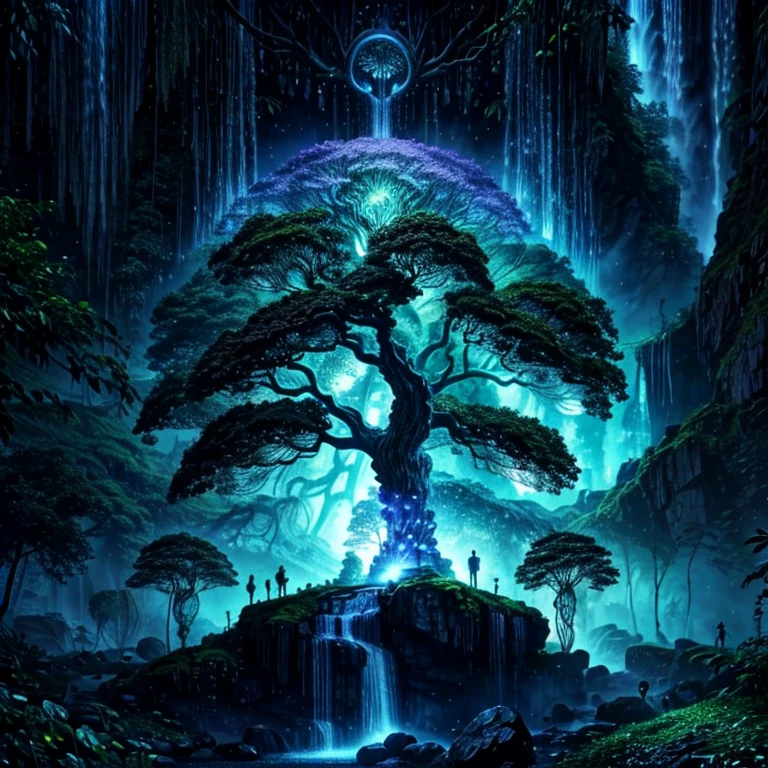 a tree in the middle of a waterfall surrounded by trees, tree of life, cosmic tree of life, the world tree, the tree of life, tree of life seed of doubt, world tree, yggdrasil, fantasy tree, magical tree, mystical setting, tree, beeple art, realism | beeple, tree of life inside the ball, (focus tree in the middle and waterfall), (Strange), (unique), lighting(shining), enchanted 