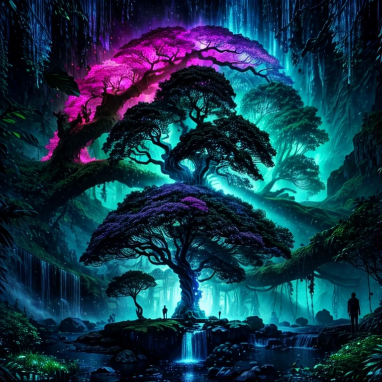 a tree in the middle of a waterfall surrounded by trees, tree of life, cosmic tree of life, the world tree, the tree of life, tree of life seed of doubt, world tree, yggdrasil, fantasy tree, magical tree, mystical setting, tree, beeple art, realism | beeple, tree of life inside the ball, (focus tree in the middle and waterfall), (Strange), (unique), lighting(shining), enchanted 