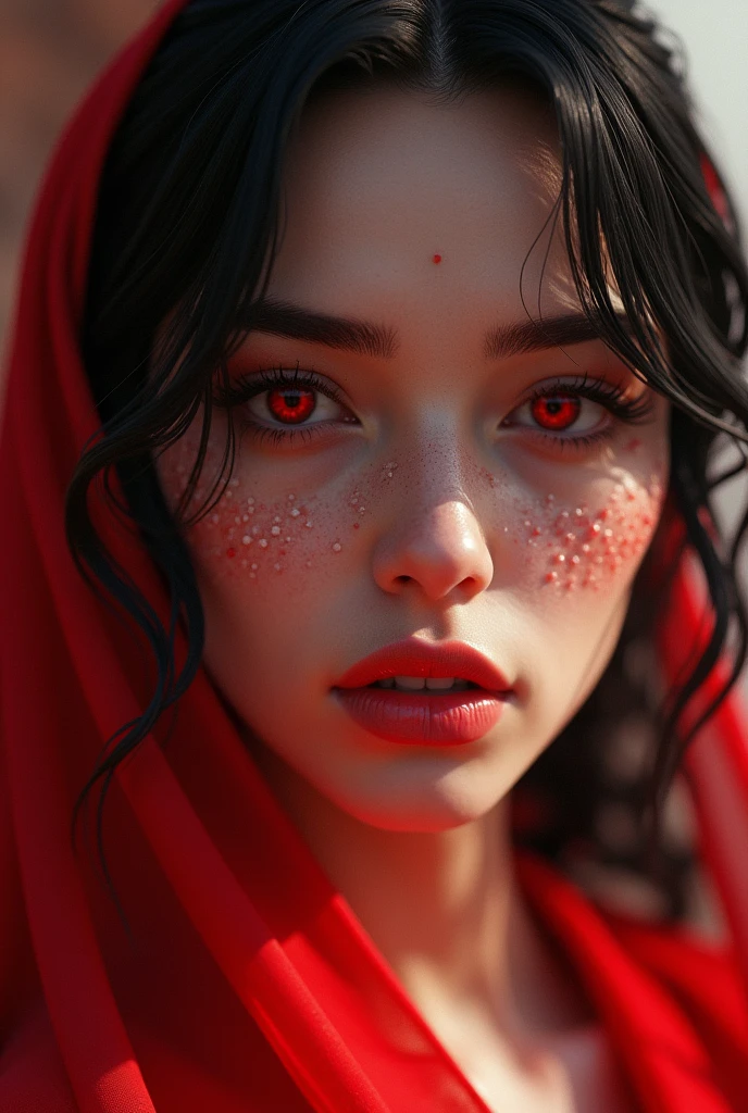 aesthetic lady tanned white skin lady, Black and red hairs mark facial jewels PERFECT MASTERPIECE, EXTREMELY DETAILED CG UNITY 32K UHD QUALITY RESOLUTION WALLPAPER, photorealistic, raw photo, PERFECT PHOTOGENIC CLARITY, official art, PRIZE WINNING PORTRAIT, ULTRA HYPERREALISTIC, ultra hyperdetailed, SHINING REALISTIC SKIN, ray tracing, unreal engine 5.8k, BRIGHT AMBIENT LIGHT cyberpunk, full body Portrait of an Arab girl's face, anime lips, mouth and tongue bite (((Red eyes))), walking on a red river, full body shot:1.5,