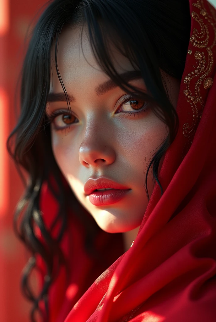aesthetic lady tanned white skin lady, Black and red hairs mark facial jewels PERFECT MASTERPIECE, EXTREMELY DETAILED CG UNITY 32K UHD QUALITY RESOLUTION WALLPAPER, photorealistic, raw photo, PERFECT PHOTOGENIC CLARITY, official art, PRIZE WINNING PORTRAIT, ULTRA HYPERREALISTIC, ultra hyperdetailed, SHINING REALISTIC SKIN, ray tracing, unreal engine 5.8k, BRIGHT AMBIENT LIGHT cyberpunk, full body Portrait of an Arab girl's face, anime lips, mouth and tongue bite (((Red eyes))), walking on a red river