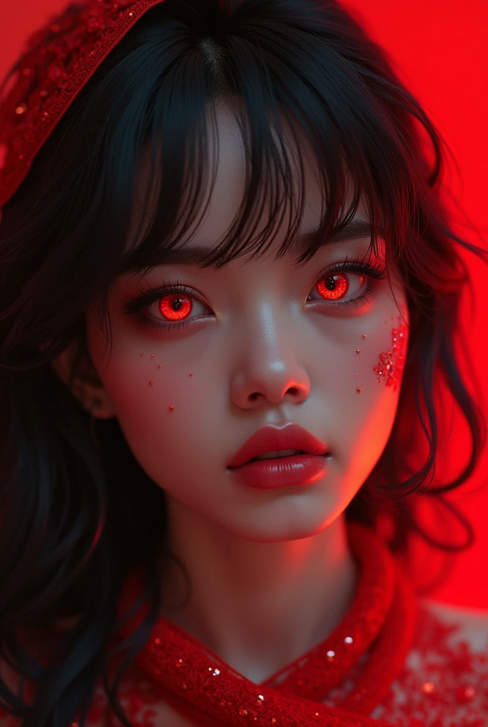 aesthetic lady tanned white skin lady, Black and red hairs mark facial jewels PERFECT MASTERPIECE, EXTREMELY DETAILED CG UNITY 32K UHD QUALITY RESOLUTION WALLPAPER, photorealistic, raw photo, PERFECT PHOTOGENIC CLARITY, official art, PRIZE WINNING PORTRAIT, ULTRA HYPERREALISTIC, ultra hyperdetailed, SHINING REALISTIC SKIN, ray tracing, unreal engine 5.8k, BRIGHT AMBIENT LIGHT cyberpunk, full body Portrait of an Arab girl&#39;s face, anime lips, mouth and tongue bite (((Red eyes))), walking on a red river