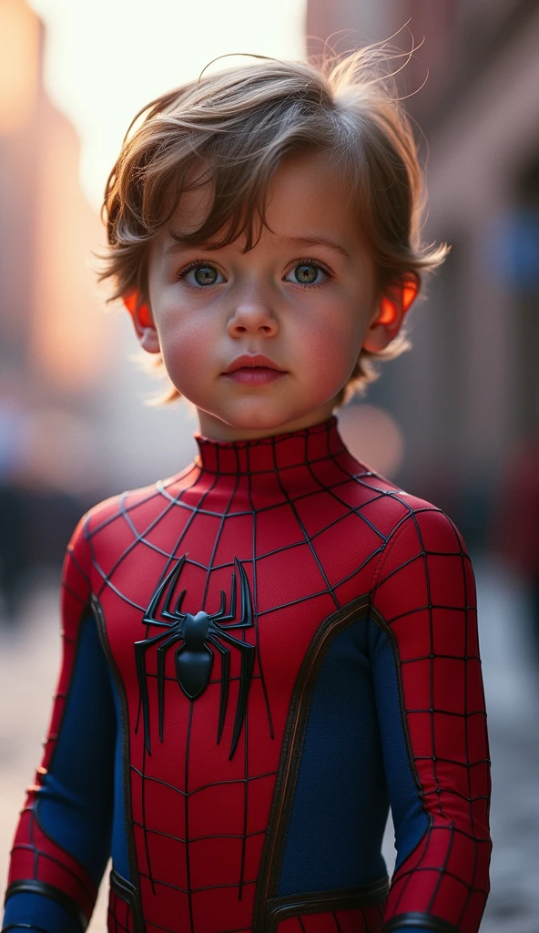 a cute little spiderman do not wear mask, , facing camera, full body, look at the camera, extremely detailed portrait, beautiful detailed eyes, beautiful detailed lips, extremely detailed facial features, detailed superhero costume, superhero poses, dynamic action, vibrant colors, cinematic lighting, epic fantasy, digital art, 8k, high resolution, hyper detailed, photorealistic