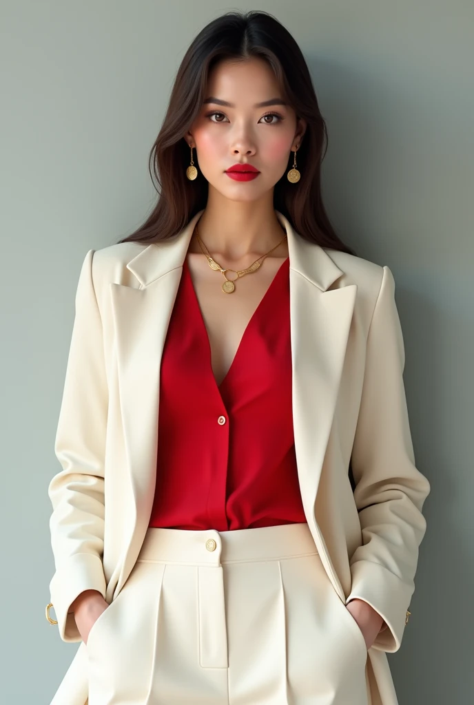 Woman , long straight hair in dark brown color, brown eyes and fair skin. Wear bright red lipstick, with the background of a light gray wall and she is wearing an off-white blazer and a closed red blouse and off-white dress pants. She is wearing a gold necklace and earrings.