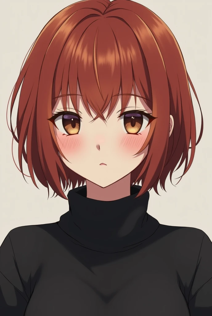 One with coppery red hair, short over the shoulder smooth, brown eyes skin,just a little clear, wearing a black turtleneck, along with a black sweatshirt,with a slightly red lipstick on her lips. Short hair anime version!!!!!!!