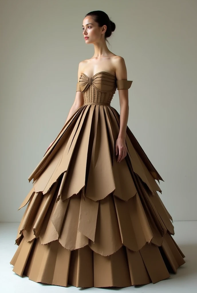 A girl wearing a ball gown, a long dress with a cut at the shoulders and a low neckline, exposed arms and long, puffy skirts, made of cardboard in different colors, such as brown and dark brownish.