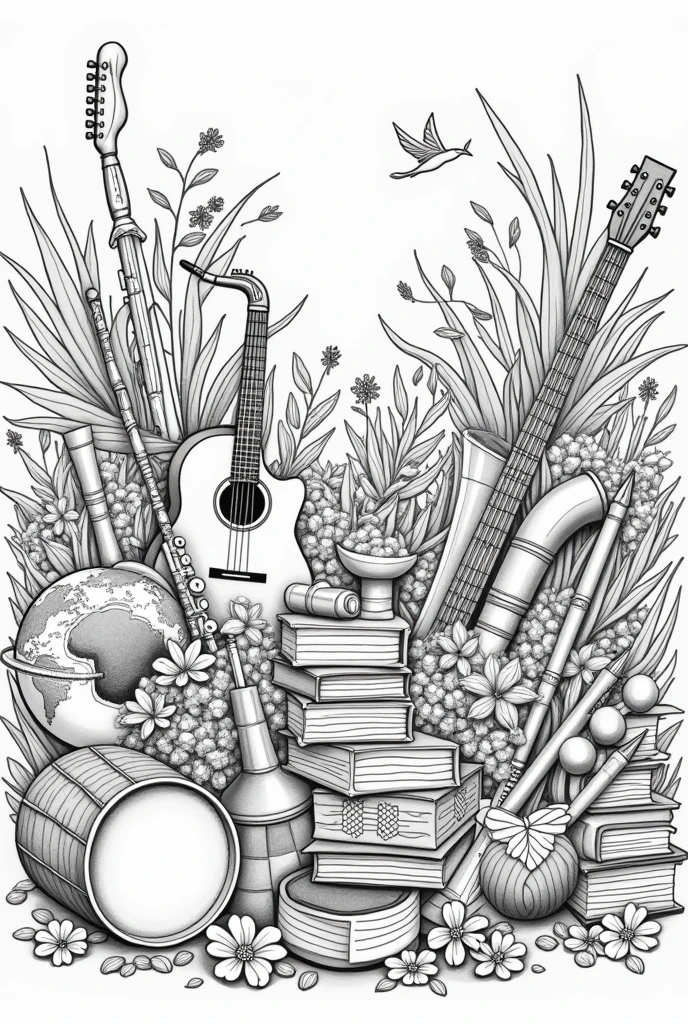 black and white linear drawing with various cultural elements, spread out, occupying the entire space. drums, tambourine, transverse flute, cuica, cavaquinho, guitar, flowers, photographic machines, terrestrial globe, textbooks, saxophone, mike. 
