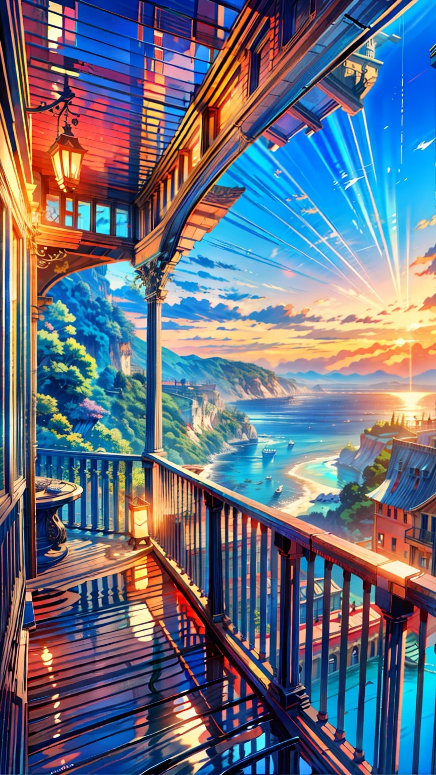 Painting of a balcony overlooking a bioluminescent ocean, Turquoise and pink lighting, Beautiful and dreamy lighting, Pink and blue lighting, Dreamy colors, ocean cliff view, Beautiful romantic sunset, Cliff side at sunset, Shining drapes, Beautiful and spectacular sunset, Dramatic and colorful lighting, Overlooking the sea, Sea view, Deep blue lighting, Beautiful colorful lights, Breathtaking light,  4k hd, Beautiful Art UHD 4K, Beautiful artwork illustration, Beautiful digital painting, Highly detailed digital painting, Beautiful digital art, Detailed painting 4k, Highly detailed digital painting, Rich, picturesque colors, Gorgeous digital painting