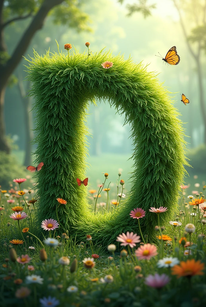 Alphabet "D" image with floral & butterfly in portrait background. i want forest vibe make the alphabet with grass