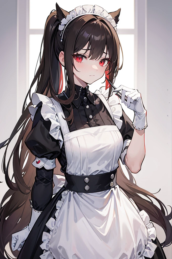 초상화, Face_through_torso, A female character with light brown, slightly tousled hair tied into a loose side ponytail, featuring a small black ribbon and a hair clip. She has sharp, crimson red eyes that convey a cool and composed demeanor. Her expression is a confident, slight smirk, reflecting her efficiency and precision in everything she does. She is dressed in a classic black and white maid outfit, complete with a frilly apron, white gloves, and matching thigh-high stockings. Her posture and demeanor exude an air of professionalism and perfectionism, characteristic of someone who is highly competent and meticulous in her duties. She takes pride in her role as a maid, ensuring everything is done to the highest standard.
