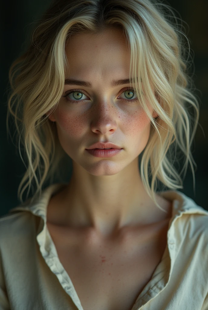 create a realistic image of a young woman with light and slightly dirty clothes with blond hair and green eyes with a sad expression but with a smile on her face 