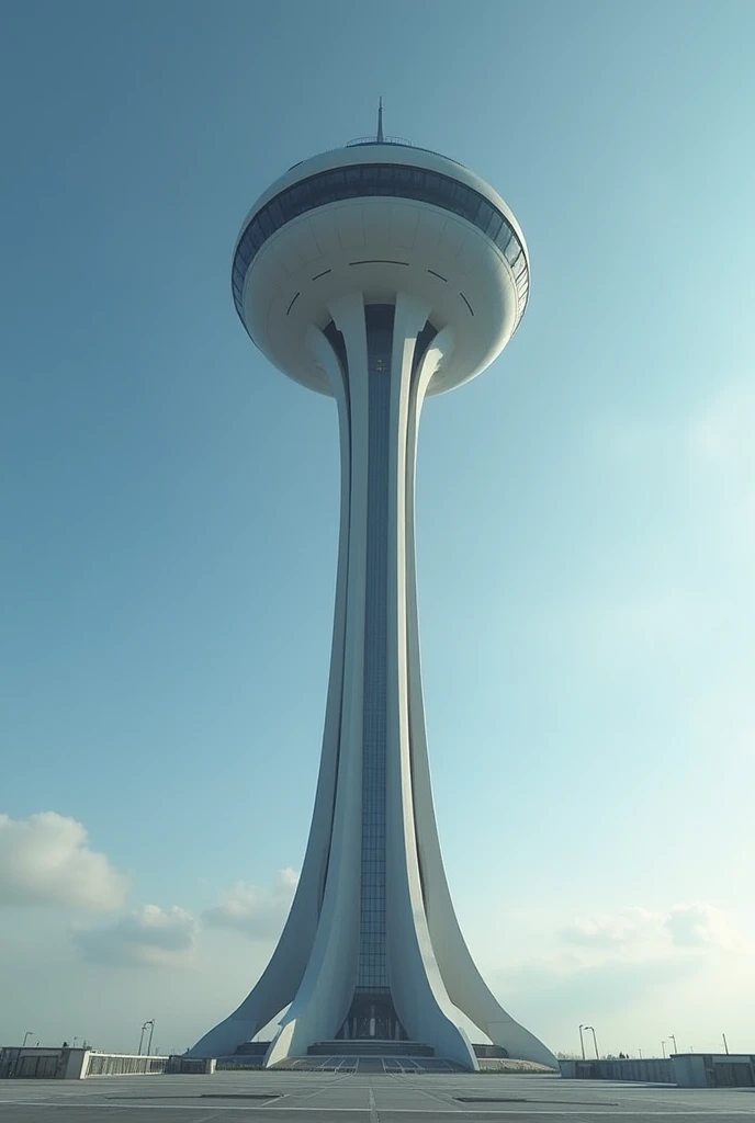 A building so tall it reaches into space but it is very thin with a huge cabin, very huge, round on top