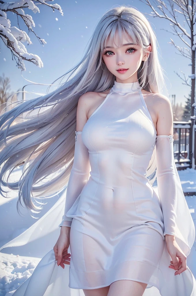 ((masterpiece:1.5、8k、Portraiture、フォトリアリスティックでVery detailedなCG、Very detailed、Particle Effects、Dynamic Effects、Shallow depth of field、Cinematic Light、Lens flare、Ray Tracing、Tabletop、Realistic:1.4、Ultra-high resolution:1.2、Realistic、Realistic))((alone、Halter neck knit sweater、Elegant woman posing、Detailed face、bright表情、young, bright, Whiter skin、Ample breasts、Best Looks、Ultimate beauty、Shiny silver hair with highlights、bright and shiny hair,、Super long, Silky straight hair、Hair dancing in the wind))(morning、The setting is outdoors in the snow、Surrounded by illuminations)