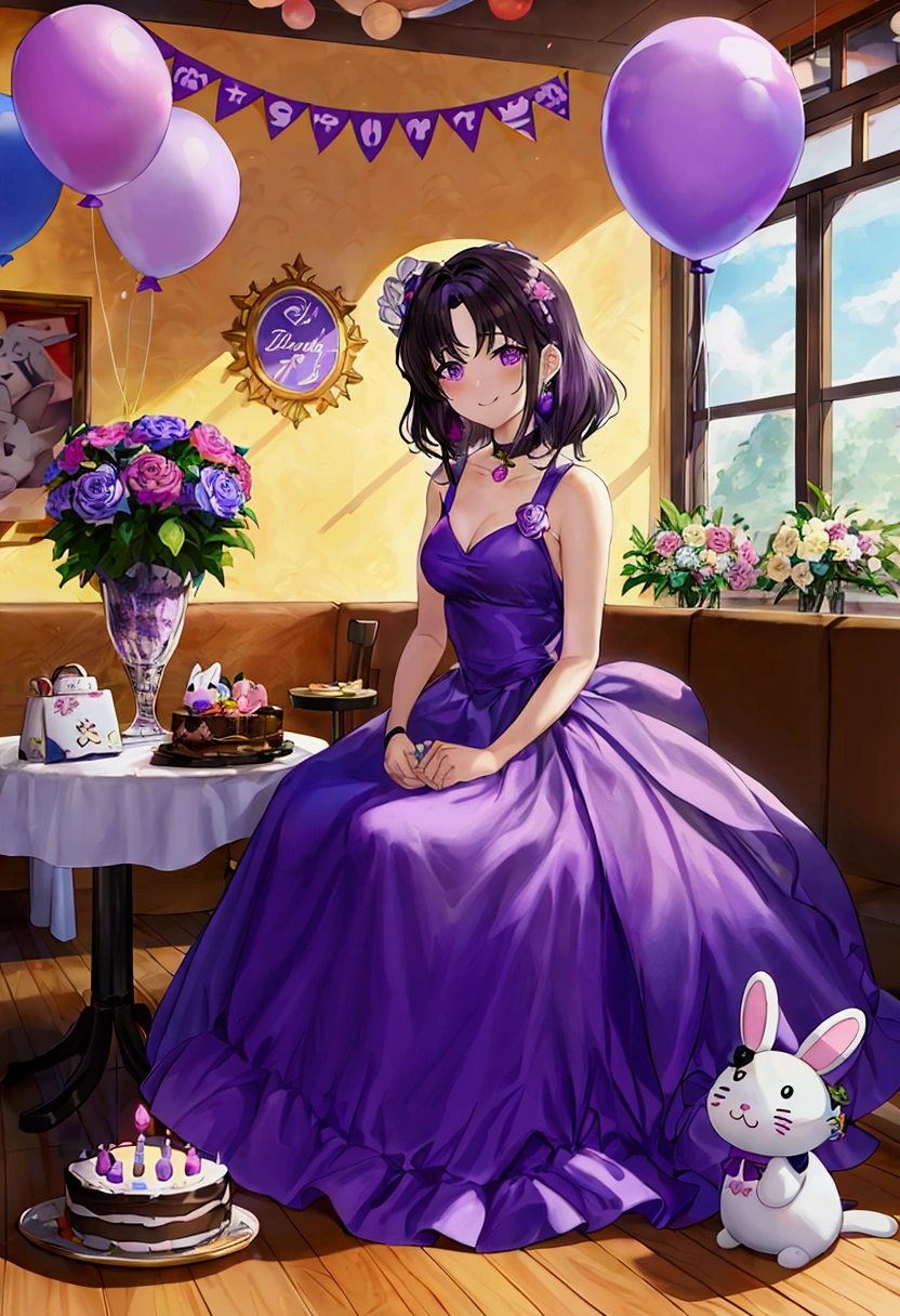 Please Generate a painting for my friends birthday in anime style with birthday background with balloons and flowers in peaceful restaurant. There's a cat and bunny sitting on the floor too. I want a girl with bob black hair, she's wearing beautiful shimmering purple gown, Smiling, holding 21 purple rose bouquet, Infront of her vintage purple cake in the table and more cookie, ice cream, a purple journal. She loves writing in dairy, She loves bts. Put some bt21 character plushie in that table, army bomb light too! Happy birthday banner .